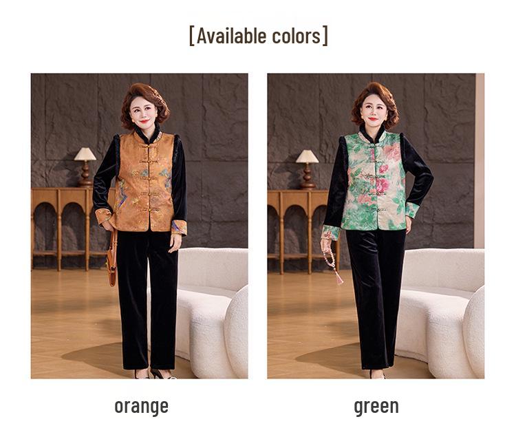 New Chinese-Style Winter Vest Suit: 3-Piece Gold Velvet Set for Middle-Aged Women