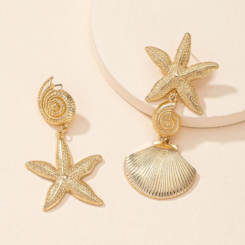 Personalized beach style Ear studs, retro exaggerated golden scallop earrings, versatile creative seashell and starfish Zircon