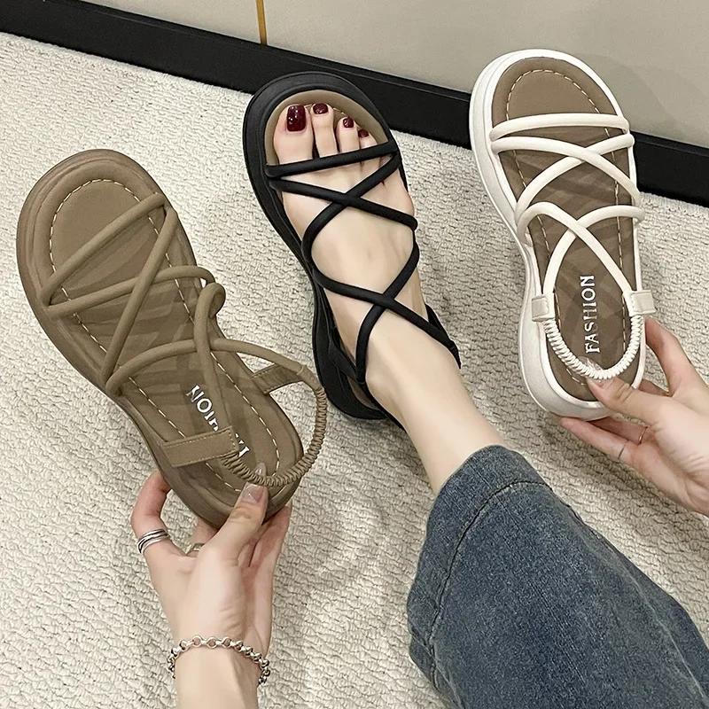 Fashion Women's Fashion Elasticated Sandals Korean Style Solid Colour Casual Round Toe Slippers Thick Bottom Lightweight Wedges Shoes