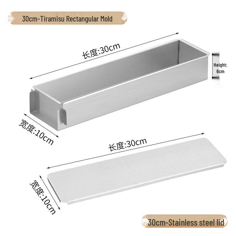 Tiramisu Set: Rectangle Stainless Steel Mold, Cake Base, Long Tray, and Spatula.