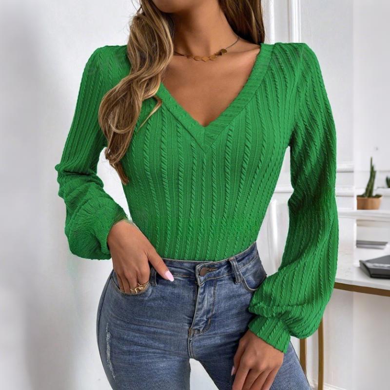 Ladies Autumn Winter Long Sleeve V Neck Solid Color Slim Fit Pullover T Shirt Top