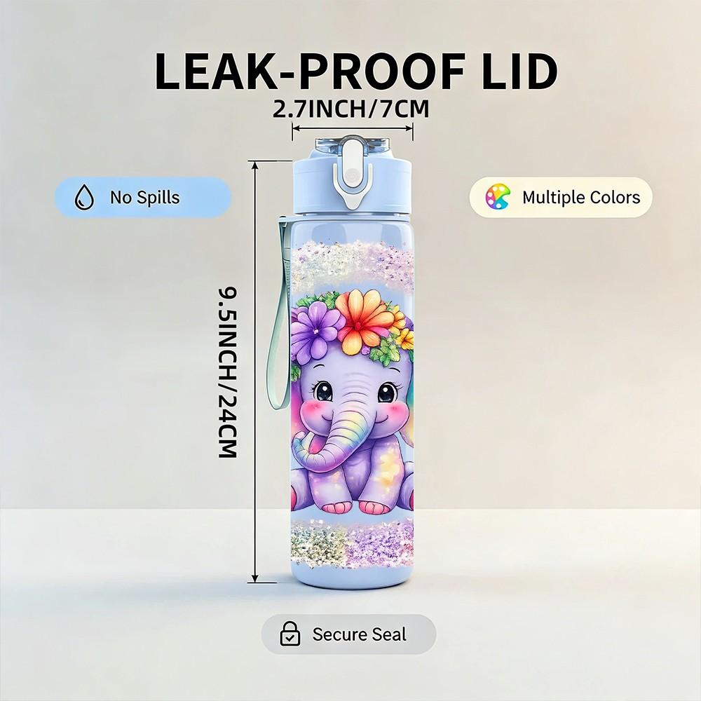 1PC Cute Baby Elephant Cartoon Print 750ml Color Plastic Sports Water Bottle Leakproof Flip Straw Lid Suitable for Sports Office Home Use
