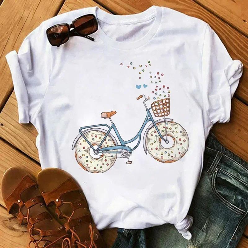 Spring Summer Ladies Floral Bicycle Pattern Fashion Cartoon Print White Letter T-shirt Woman Clothes T Shirt Tops Tee Graphic