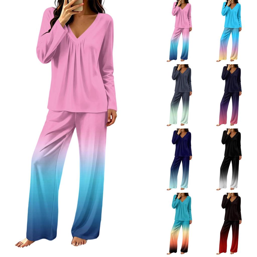 Women's V-Neck Loose Fit Printed Pajama Set with Pants Casual Sleepwear