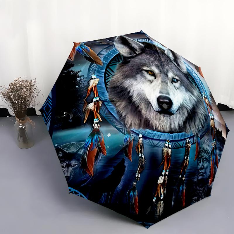 1 Stück Wolfsmuster Regenschirm Tragbarer Faltregenschirm Eisenrahmen Lochknochenstruktur Outdoor Heimregenschirm