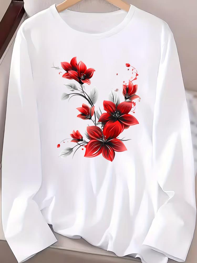 (Asian Size) Trend Butterfly Cute Tee Print T Shirt Women Clothing Autumn Winter Spring Casual Fashion Top O-neck Graphic Long Sleeve T-shirts