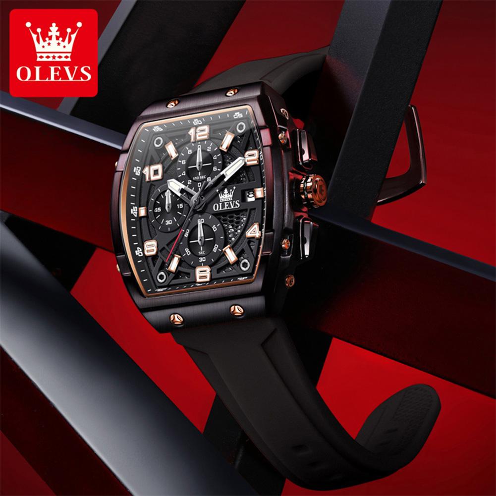 OLEVS Mens Watch Fashion Silicone Strap Tonneau Chronograph Quartz Watch Waterproof Luminous Sports Date Watches Gifts