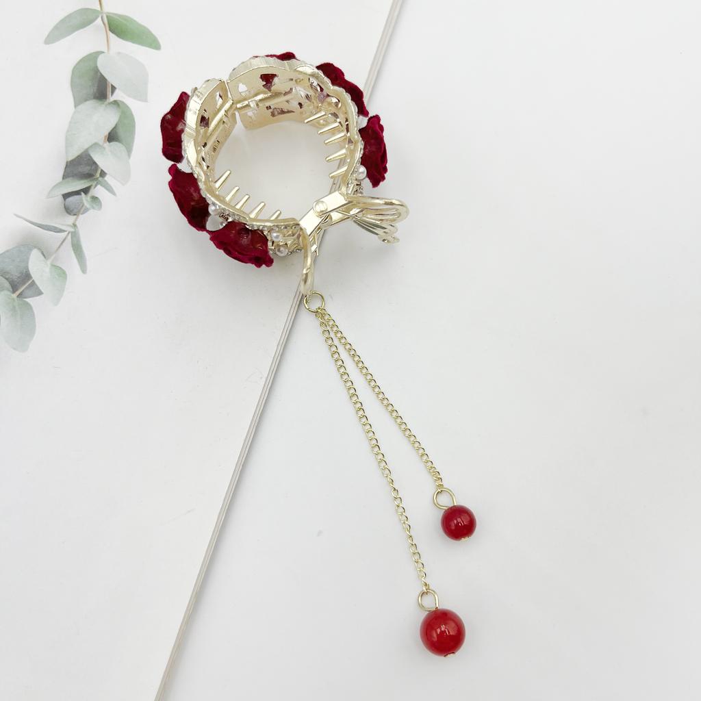1pcs Fashion Velvet Rose Flower Red Ball Tasssel Crsytal Hair Claws For Women Party Hair Ponytail Holder Hair Accessories