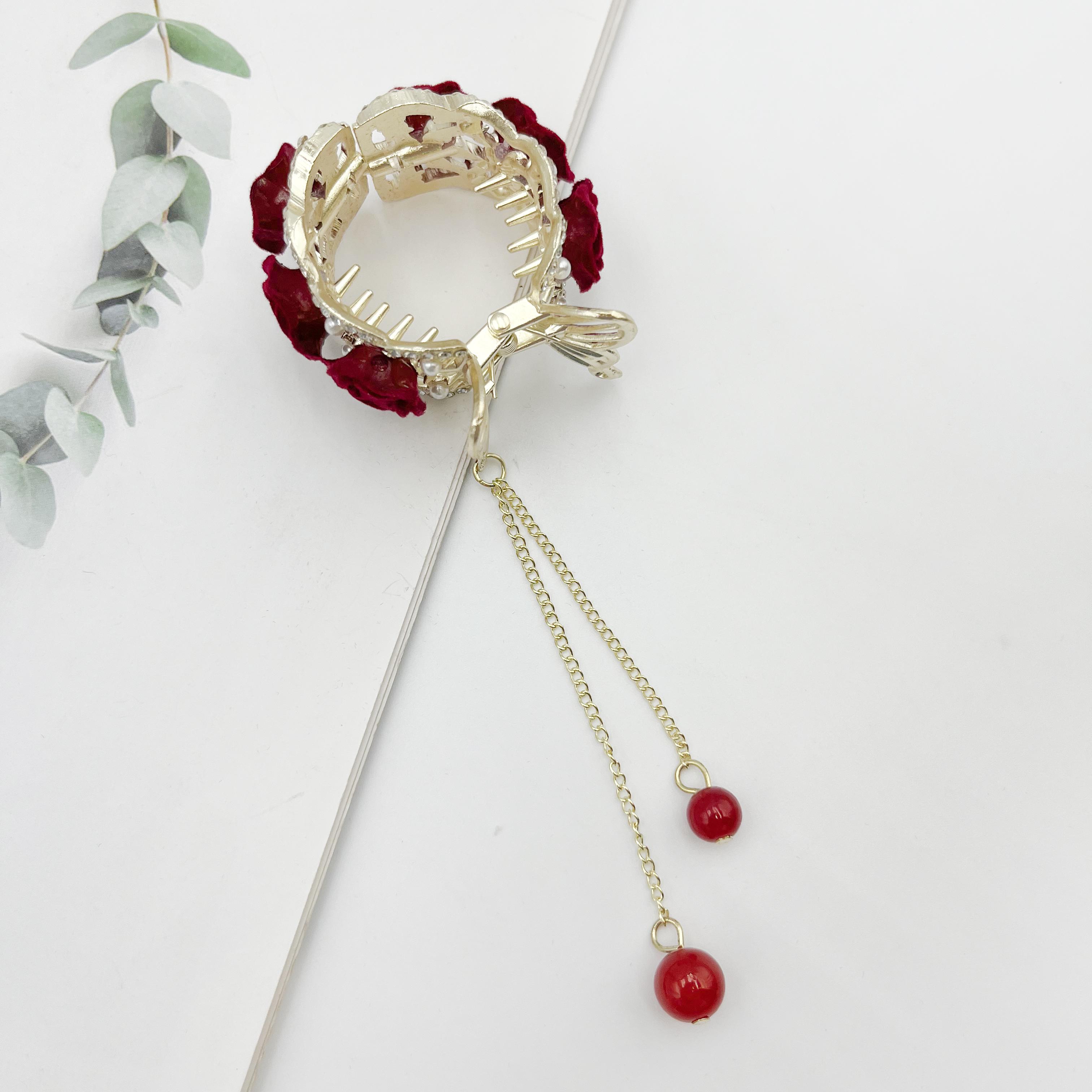 

1 шт. Модные бархатные розы, красные шарики с кисточками, хрустальные заколки для волос для женщин, для вечеринки, держатель для хвостика, аксессуары для волос