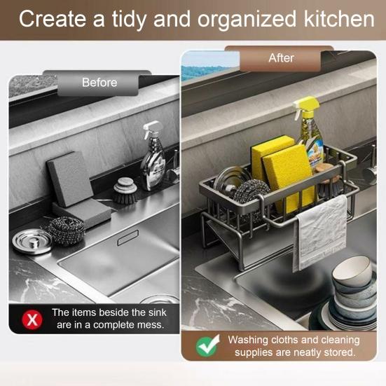 Kitchen Sink Caddy Organizer Plastic Sponge Soap Dish Holder with Dishcloth Hanger Drying Rack And Auto Drain Tray for Kitchen Countertop