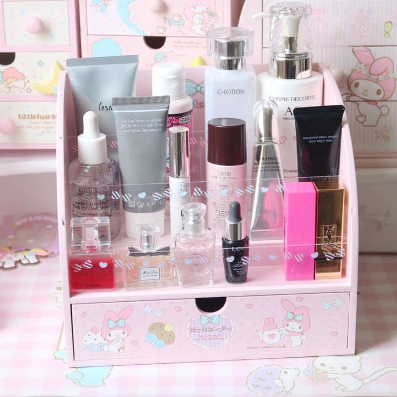 My Melody Kosmetisk Smyckeskrin Organizer Display Sminkställ Flicka Skrivbordsförvaringslåda Tecknad Anime Träställ