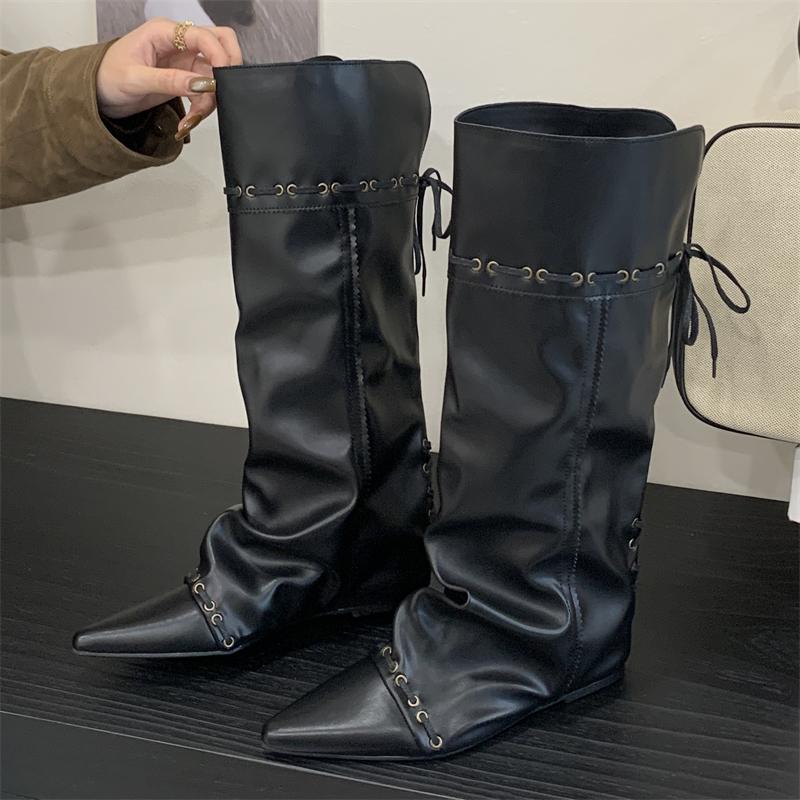 

Fashion Eilyken Winter Punk Vintage Women Knee High BootsDesigner Lace-up Pointed Toe Height Wedges Heels Shoes Botas De Mujer 35 чёрный