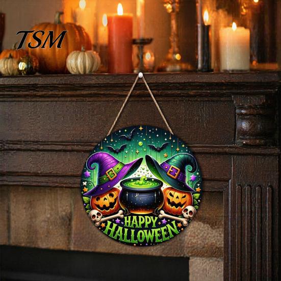 Rustic Wood Plaque Happy Halloween Front Door Hanging Sign, Retro Round Witch Hat Magic Cauldron Horror Party Prop Wooden Welcome Pendant for