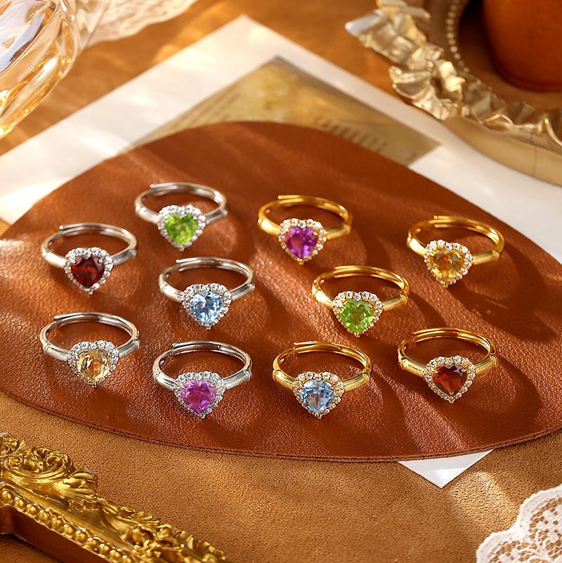 Natural crystal stone love ring women's s925 silver brushed ring light luxury garnet topaz gift for girlfriend