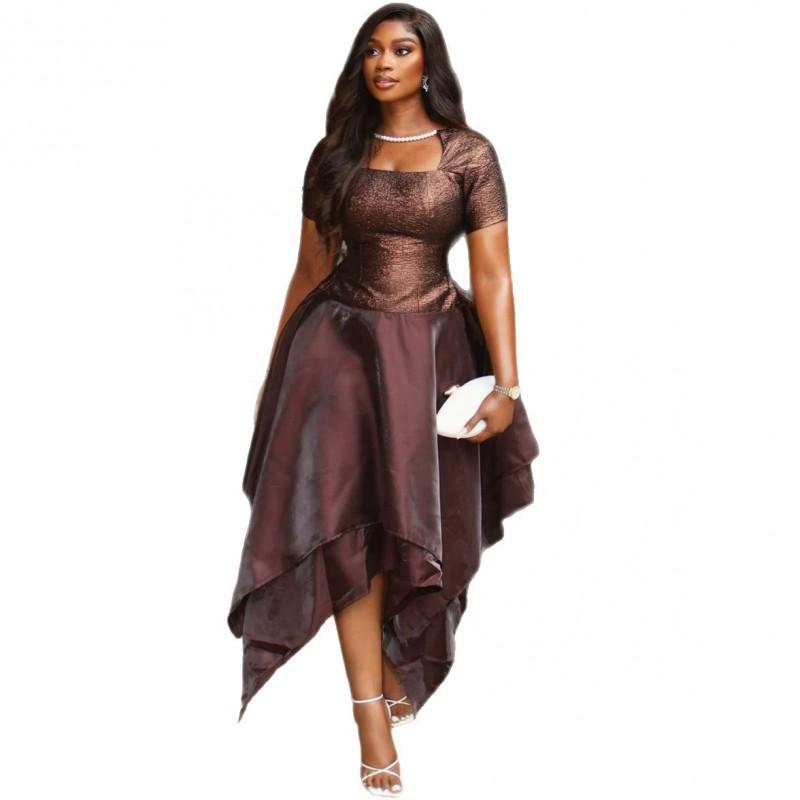 Womens Square Neck Fit Asymmetrical Hem Midi Dress With Color Block Design High Waist A-Line