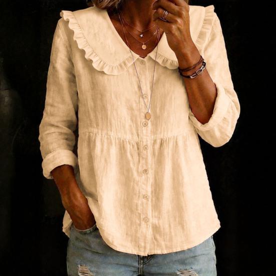 Women Shirt Ruffled Large Lapel Long Sleeve Buttons Placket Shirt Tops Pure Color Loose Fit Mid-Length Hem Casual Tops