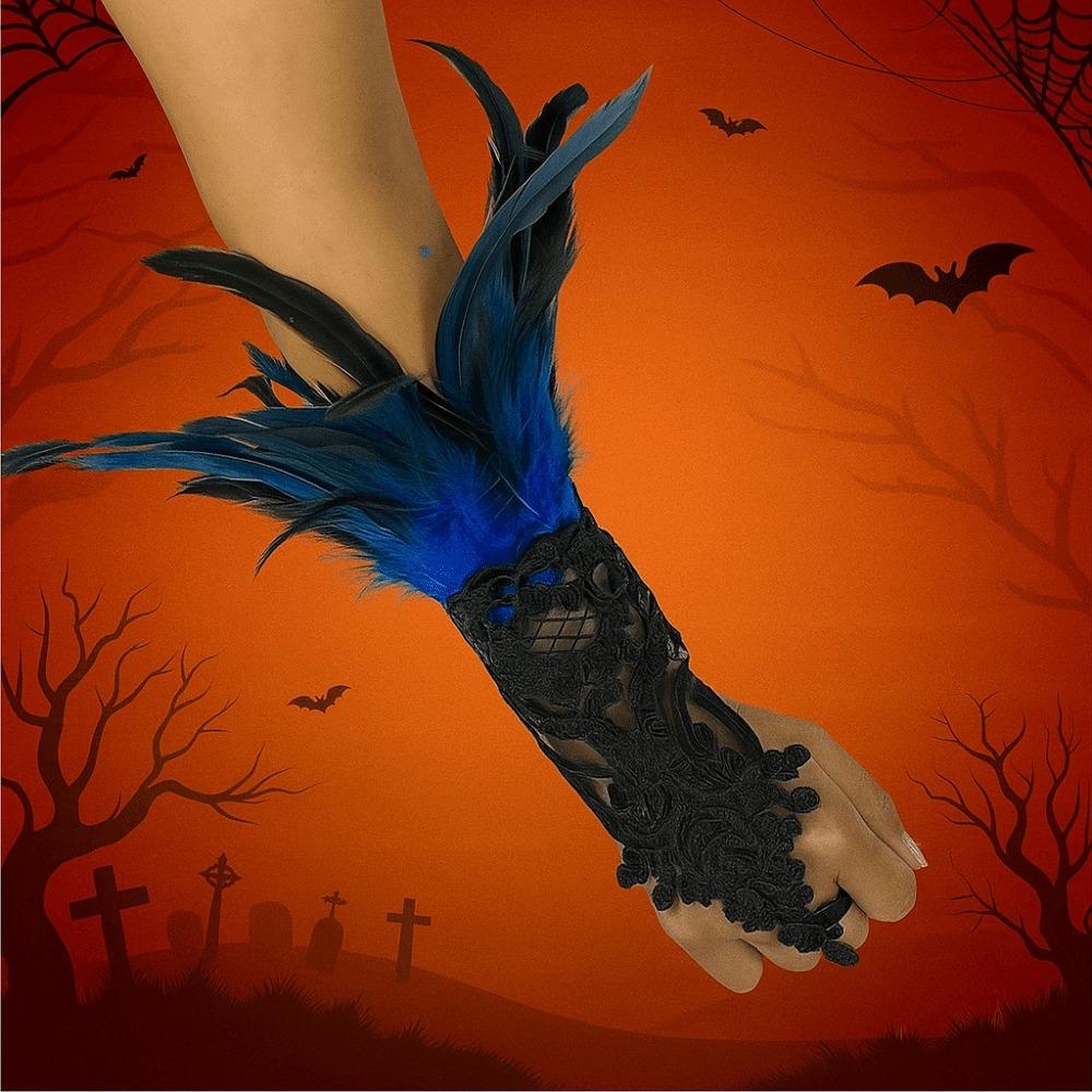 Embroidery Halloween Feather Gloves Retro Women Halloween Cuffs  Wrist Accessories