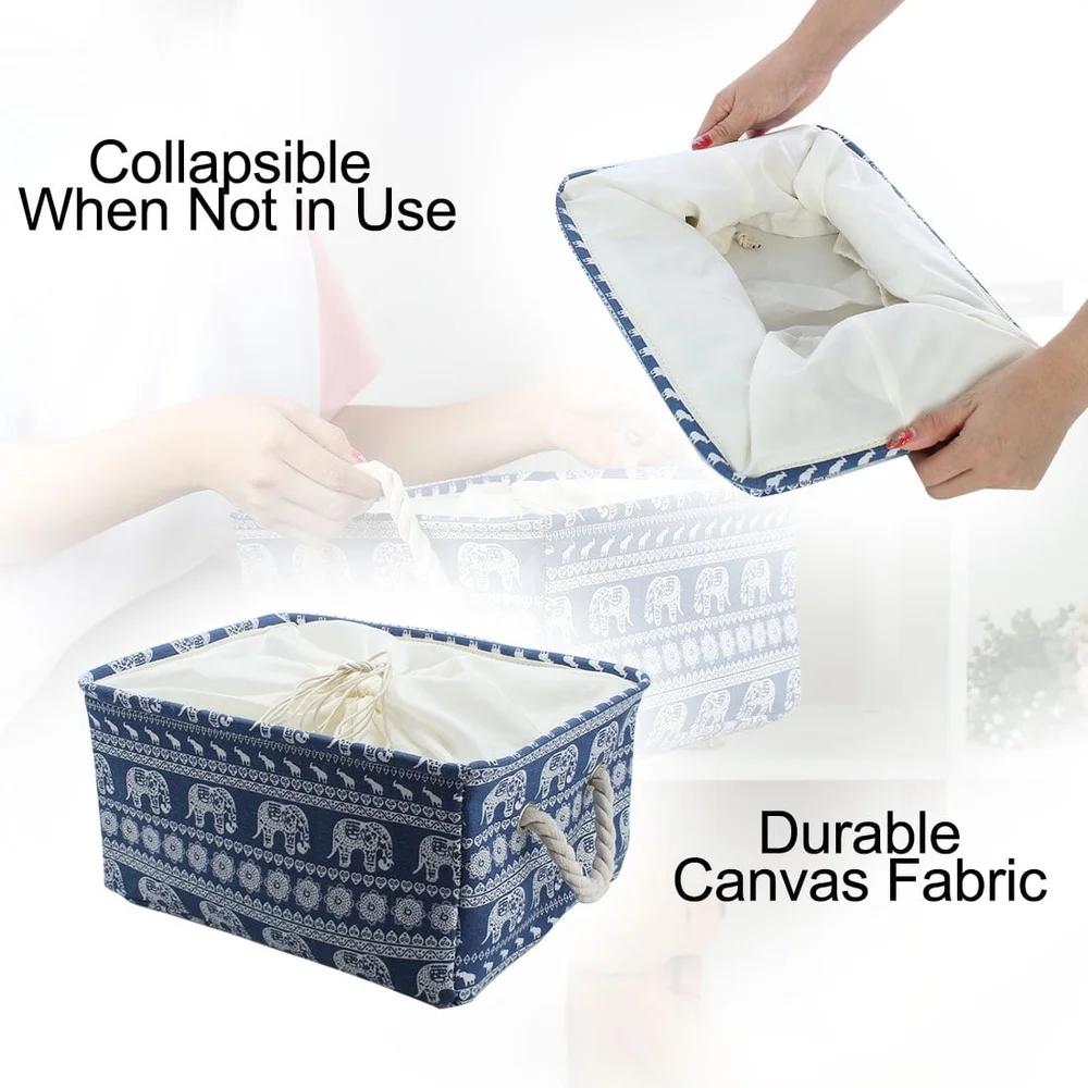 Foldable Storage Bins Fabric Basket with Handles Drawstring Dust Resistant Collapsible Cotton Rope Elephant Design Ideal Home