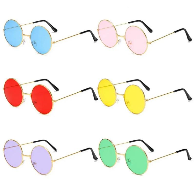 Óculos de sol retrô pequenos e redondos hippie, óculos de sol da moda com armação de metal circular, óculos de sol para festa discoteca, lentes coloridas doces para mulheres e homens