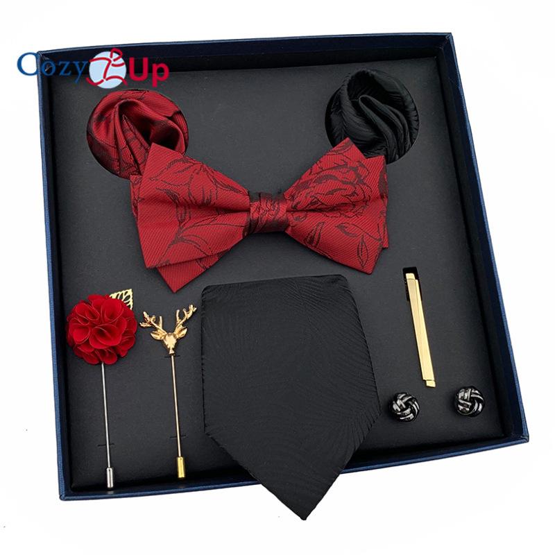 7 PCS Classic Men's  Tie Set Paisley Stripe Necktie for Men Pocket Square Bowtie  Brooch Cuff Father's Day Gift Box