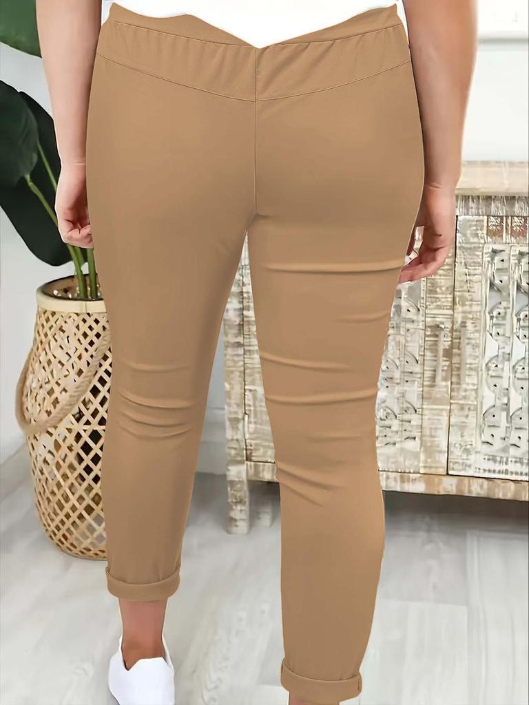 2025 Women's Solid Color Tie-Waist Cuffed Long Pants - Versatile European & American Style