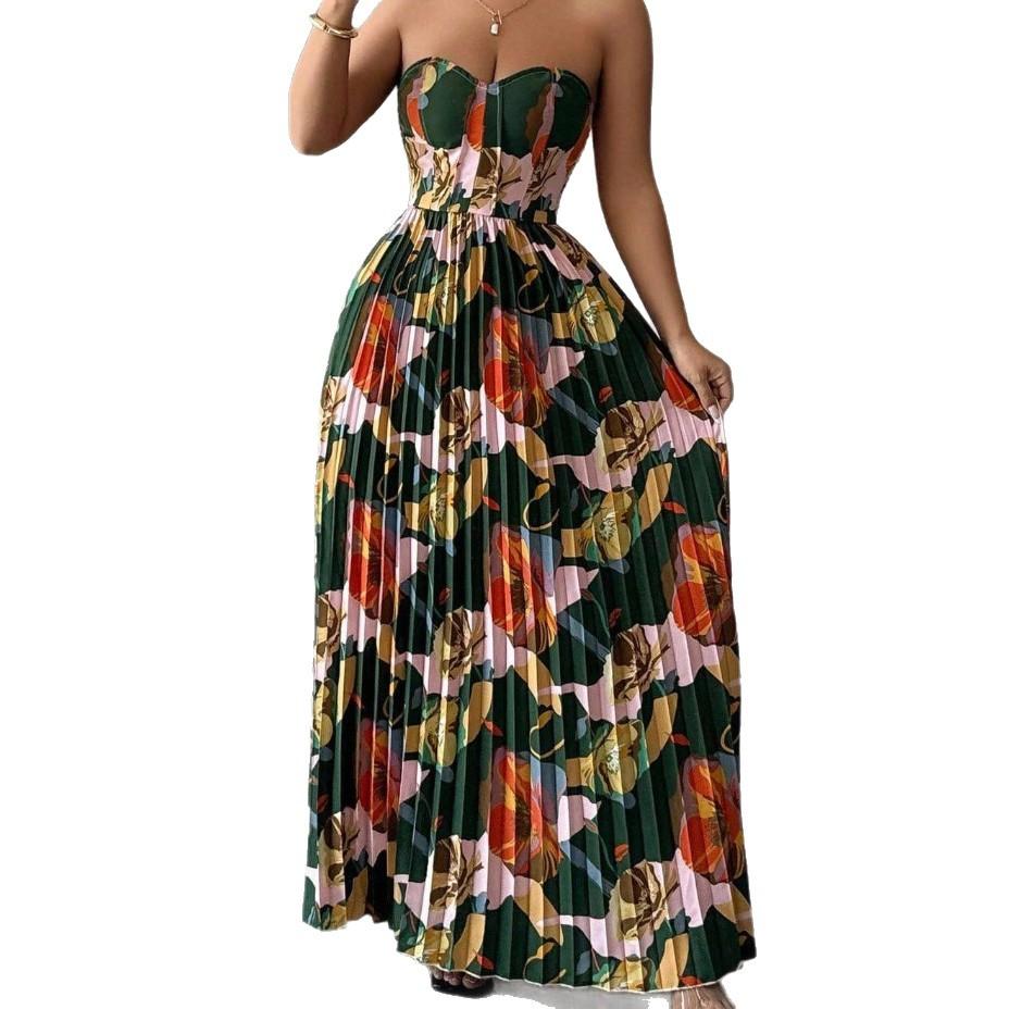 European and American women's clothing women's elegant tube top print dress pleated skirt slim dress