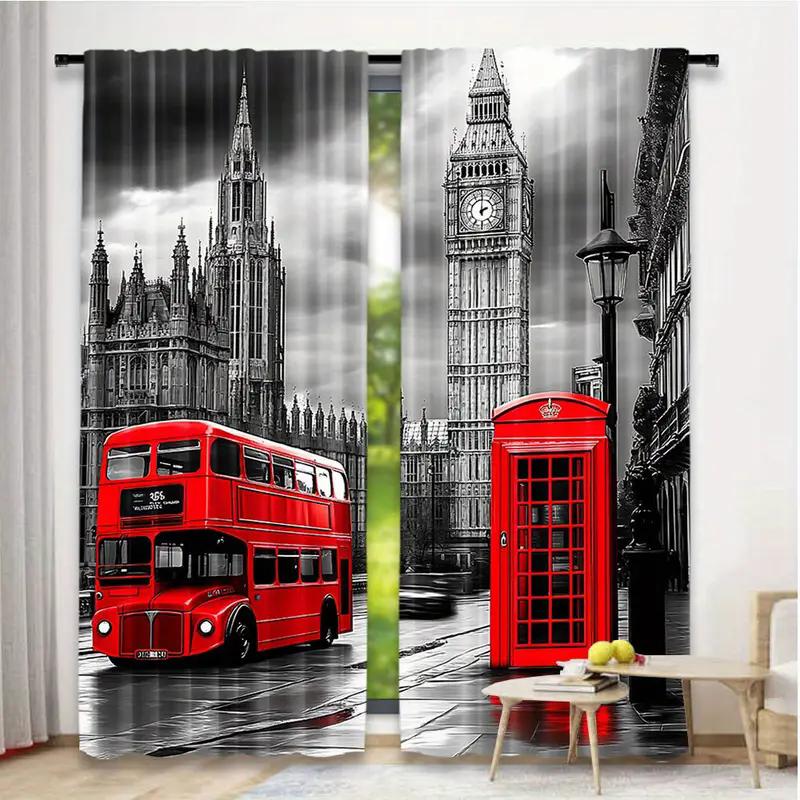 

2 шт. - Шторы с принтом в стиле ретро, британская уличная сцена, шторы с кулиской, для спальни и гостиной, украшение дома, украшение комнаты 29Wx64L(75x166CM)x2