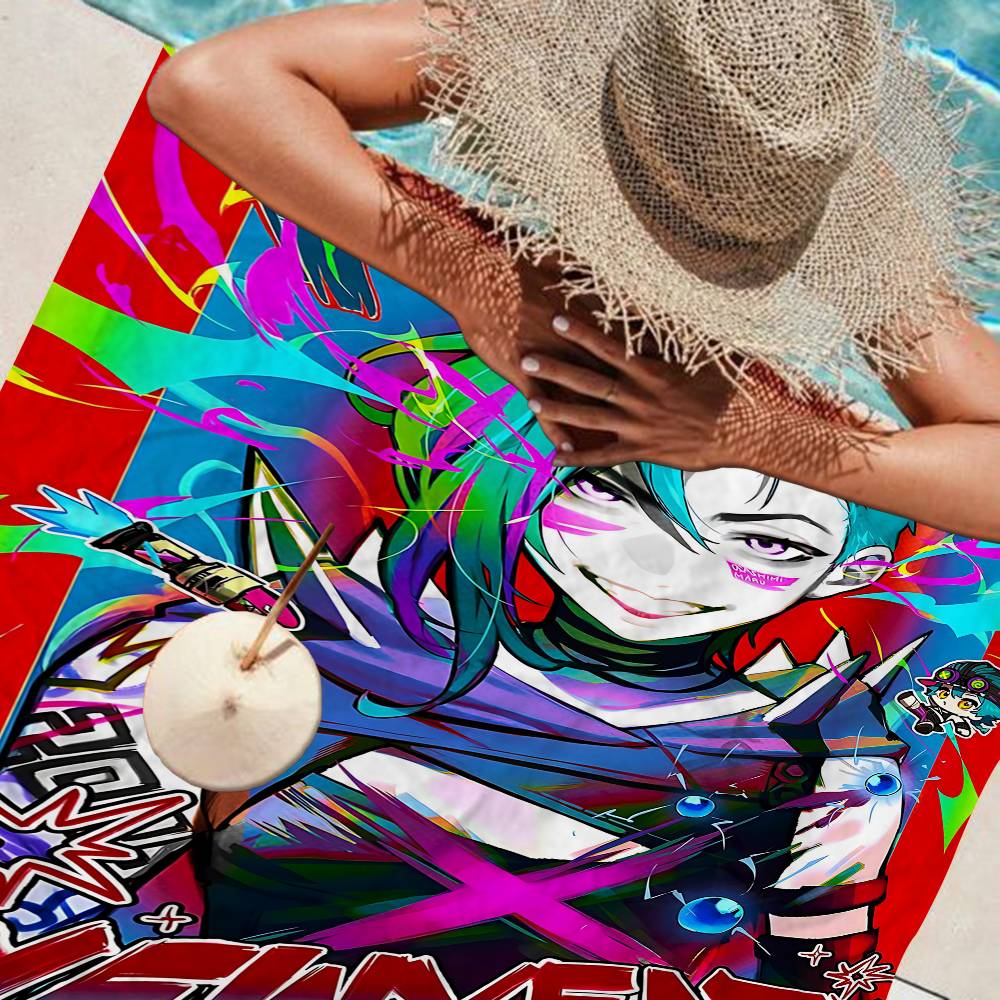 Cartoon Anime Game Arcane J-Jinx Main Art Bath Towel Microfiber Soft Water Absorbing Breathable For Kids Cartoon Beach Towel