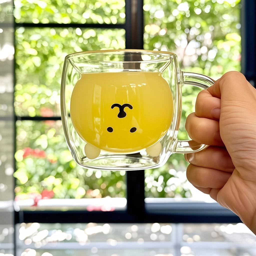 Kawaii 200Ml Double Wall Borosilicate Glass Mug Self Mocking Bear With Handle Coffee Juice Cup For Home School Students Family