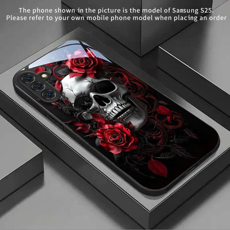 Red Rose Skull Pattern Tempered Glass Phone Case Suitable for Samsung Galaxy S26 S25 S24 S22 S21 S20 FE Ultra Plus5G Anti Drop