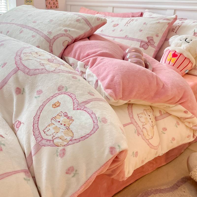 Thickened Milk Fleece Bed Four-Piece Coral Fleece Quilt Cover Double-Sided Flannel Fleece Bed Sheet Three-Piece Set