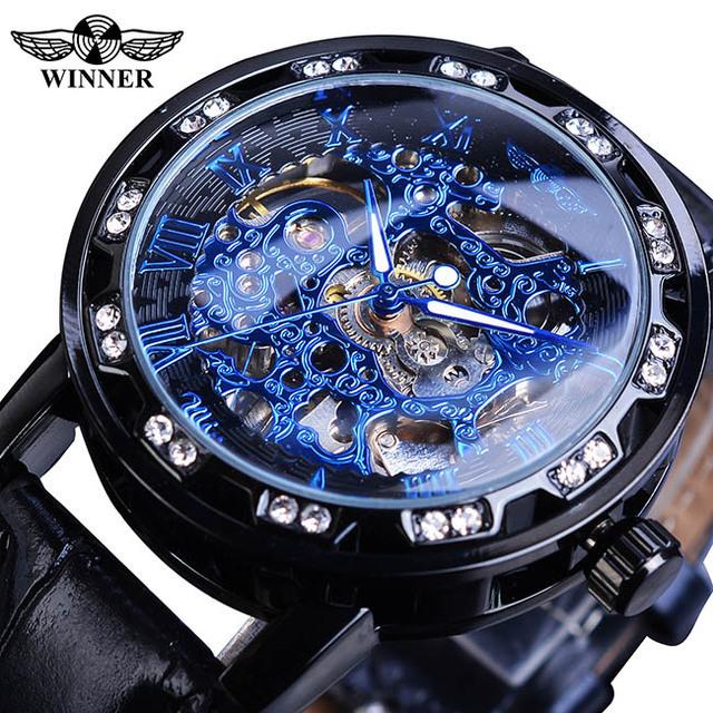 Winner Fashion Diamond Dial Men's Mechanical Watch Skeleton Watch Black Gold Retro Luminous Pointer PU Belt Mesh Belt Steel Belt