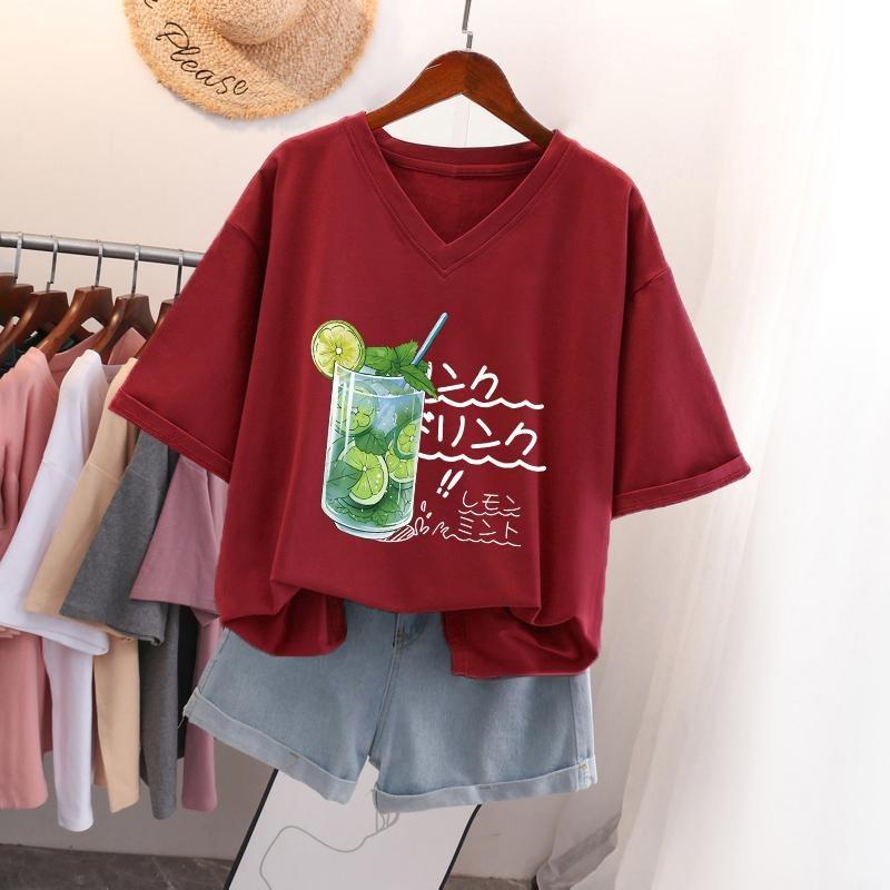 Kurzärmeliges T-Shirt für Damen Große Größe Lockeres und Schlankmachendes Design Nische Reine Baumwolle V-Ausschnitt Oberteil, das den Bauch bedeckt