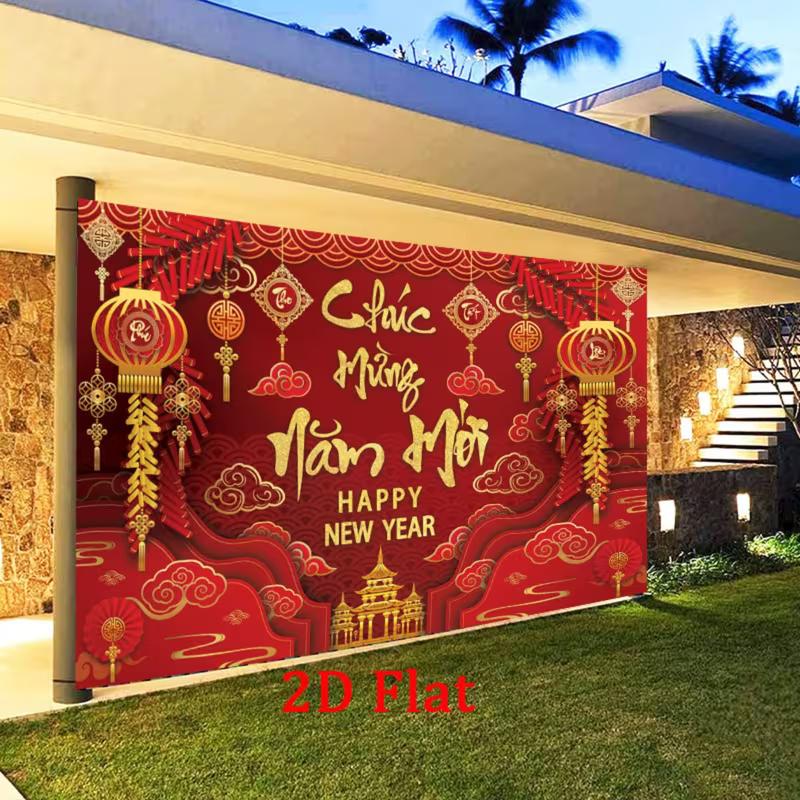 2D Happy Vietnamese New Year Backdrop with Traditional Vietnamese Ornaments for Photo Booth 47.2x31.5inch/120*80cm