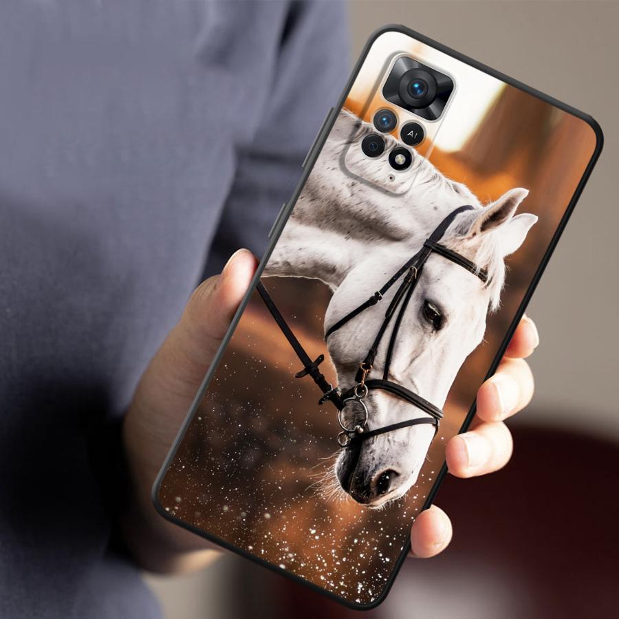 Hülle für Xiaomi Redmi Note 9 10 11 12 Pro 11s 13 14 Pro Plus 10S 12s 9S 7 8 Schwarz Weiche Handyhülle Pferd Tier
