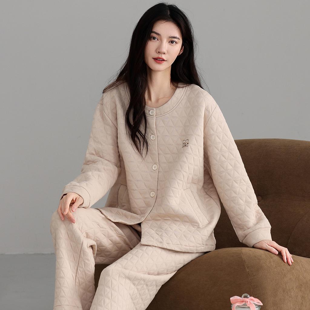 Pajamas Ladies Autumn And Winter Cotton Long Sleeve Sandwich Air Cotton Thickened Ladies Loungewear Set