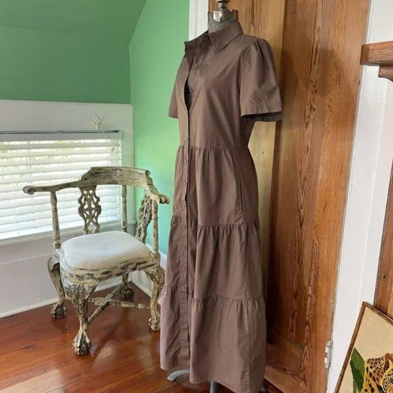 

Evereve Fluffy Wide Full Button Opening and Closing Design Heavy Industry Layered Pure Cottom Long Dress $118 COCOA BROWN M