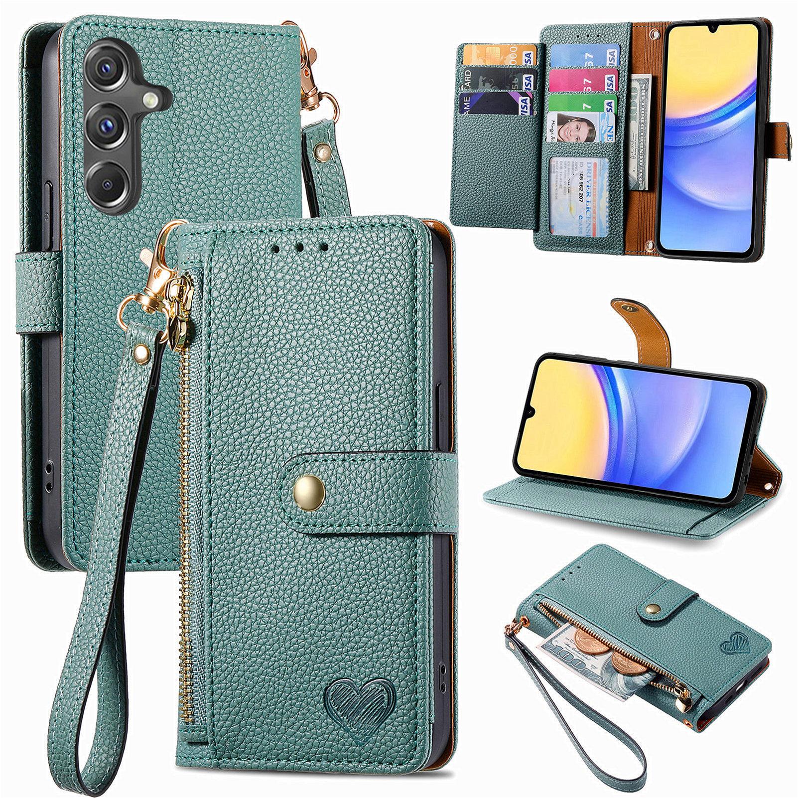 

For Samsung Galaxy A15 4G/5G Phone Case Heart Pattern Leather RFID Blocking Cover Green