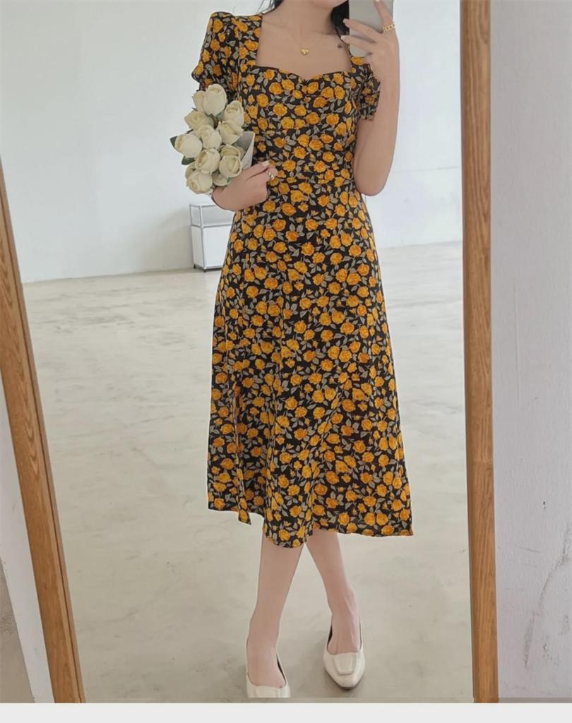 2024 French Retro Yellow Floral Puff Sleeve Cheongsam Dress