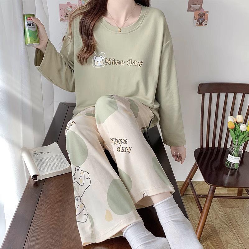 Ensemble Pyjama Automne/Hiver pour Femme: Coton à manches longues, Style coréen, Design mignon de dessin animé d'ours au thé au lait