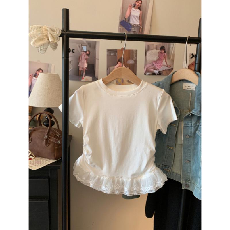 

Премиальная женская кружевная футболка с коротким рукавом, V-образным вырезом и присборенной талией L