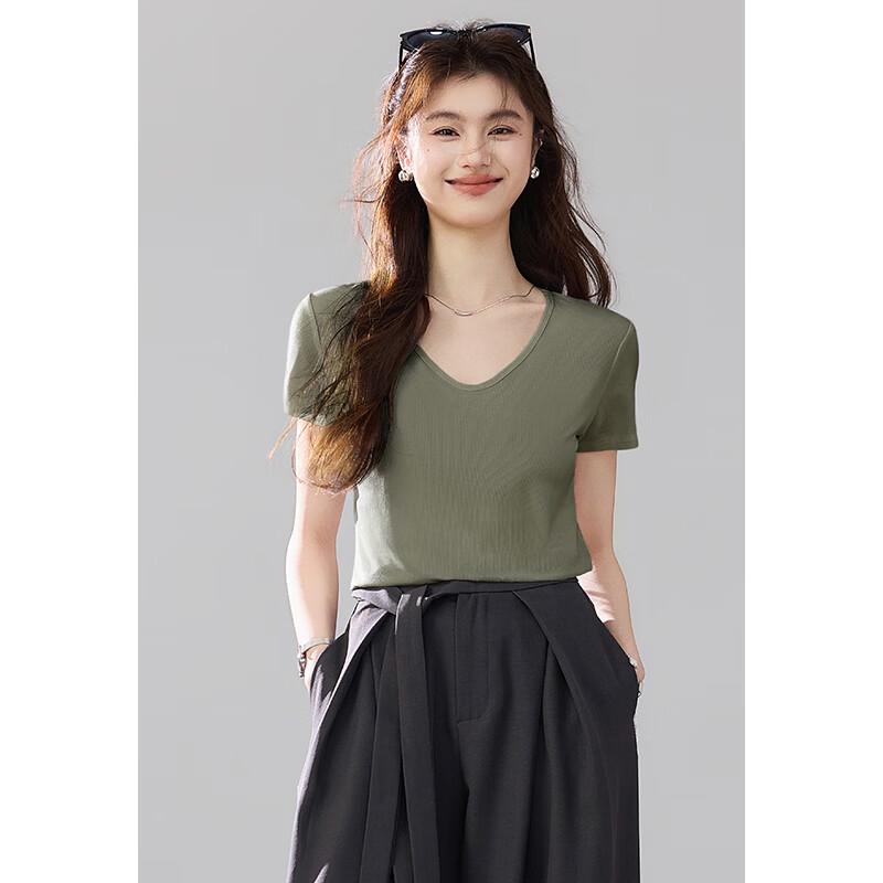 VICTORIA&VERA Women's Ribbed High-Stretch Mulberry Silk Short Sleeve T-Shirt