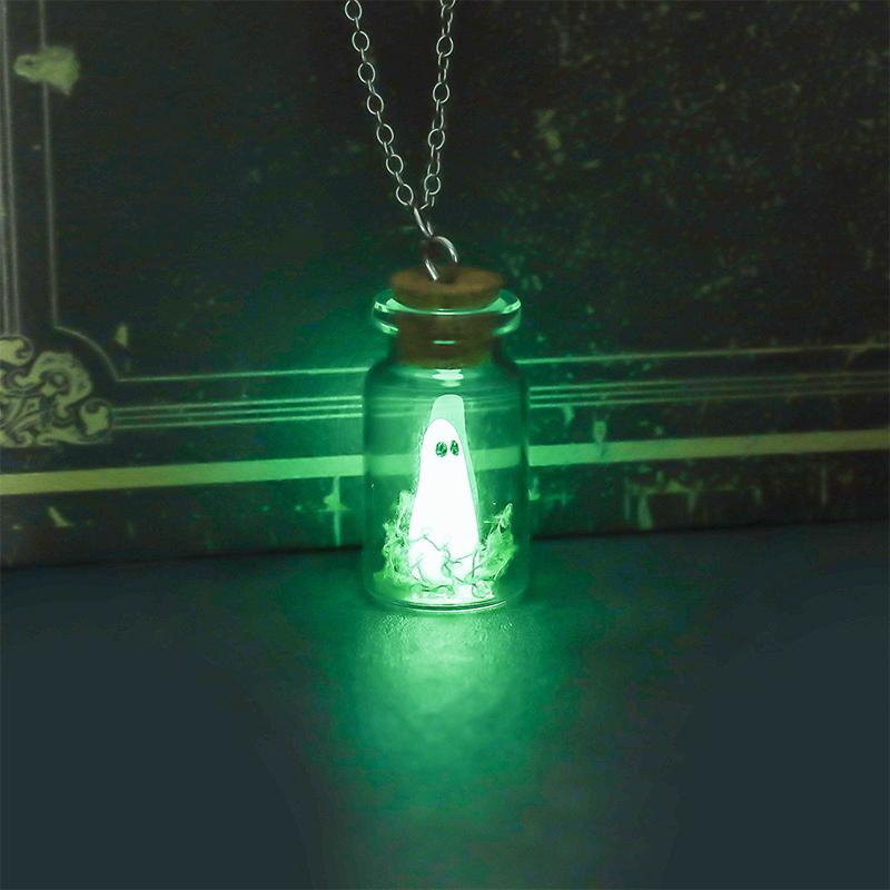 Halloween Drifting Bottle Night Glow Ghost Necklace Ear Pendants Ring Creative Design Trendy Cartoon Ghost Necklace Jewelry Gift