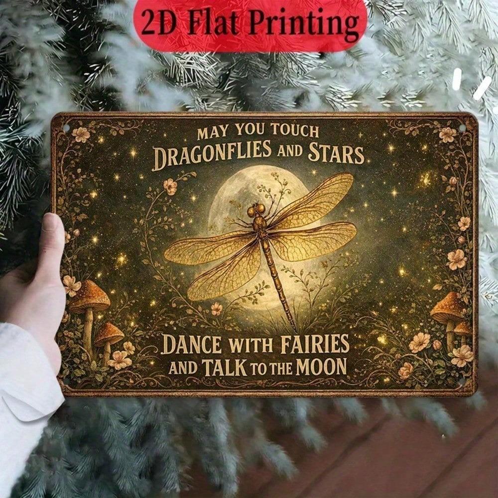 Vintage Metal Wall Plaque Dragonfly & Stars, 8x12in, Rustic Farmhouse Decor for Indoor/Outdoor Use