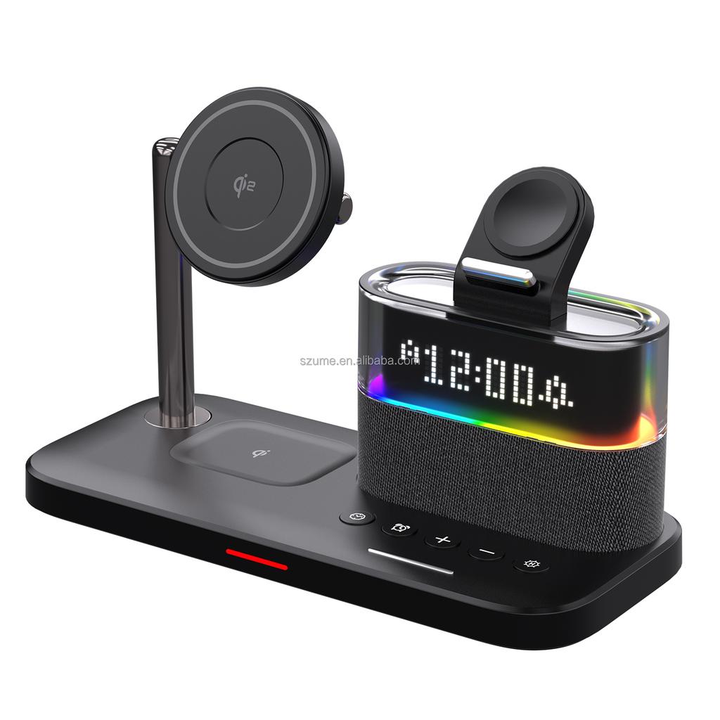 New Desk Stand Magnetic Wireless Charger Fast Wireless Charging 15W Output Type-C Port LED Colorful Lights Digital Display Clock