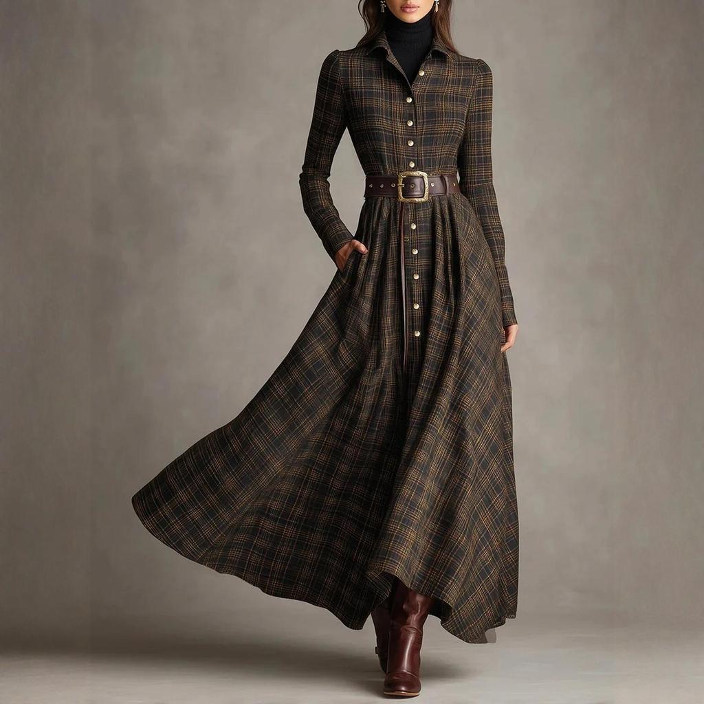 Damen kariertes Hemdblusenkleid, V-Ausschnitt, einreihig, mit Schlitz, Maxikleid