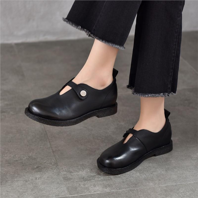 Johnature Retro Versatile Loafers Round Toe Genuine Leather Women's Low Heel Shoes
