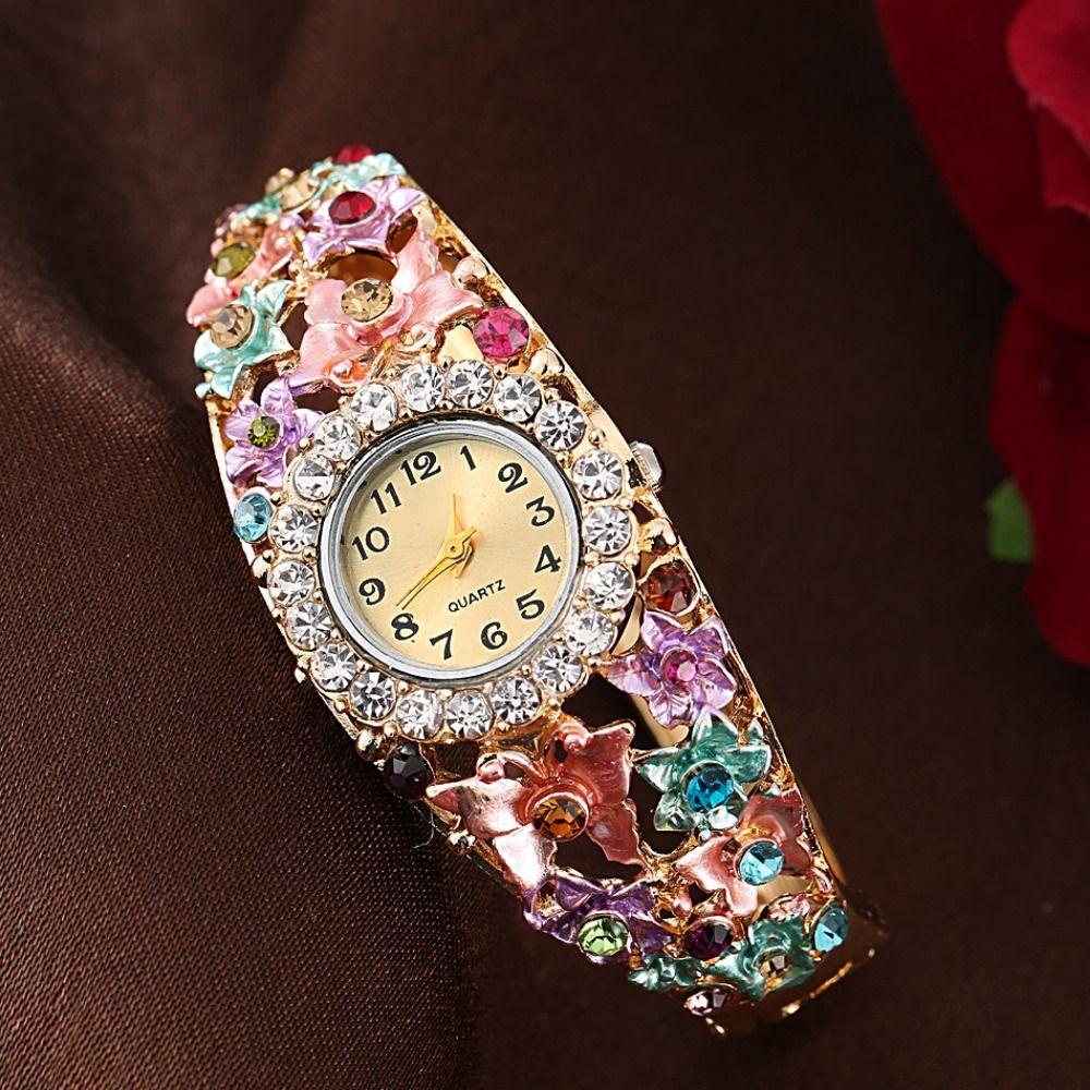 Round Dial Rhinestone Dress Watch Alloy Quartz Bracelet Wristwatch Daily Use