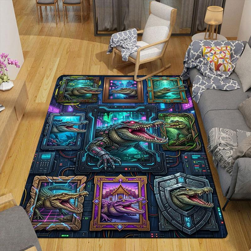 Cyberpunk Crocodile Gallery Pattern Rug Floor Mat for Living Room or Bedroom Soft and Comfortable Carpet a Gift for Birthday and Holiday.