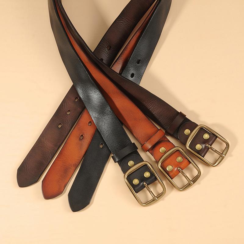 Men's Retro Vegetable Tanned Leather Belt with Copper Buckle